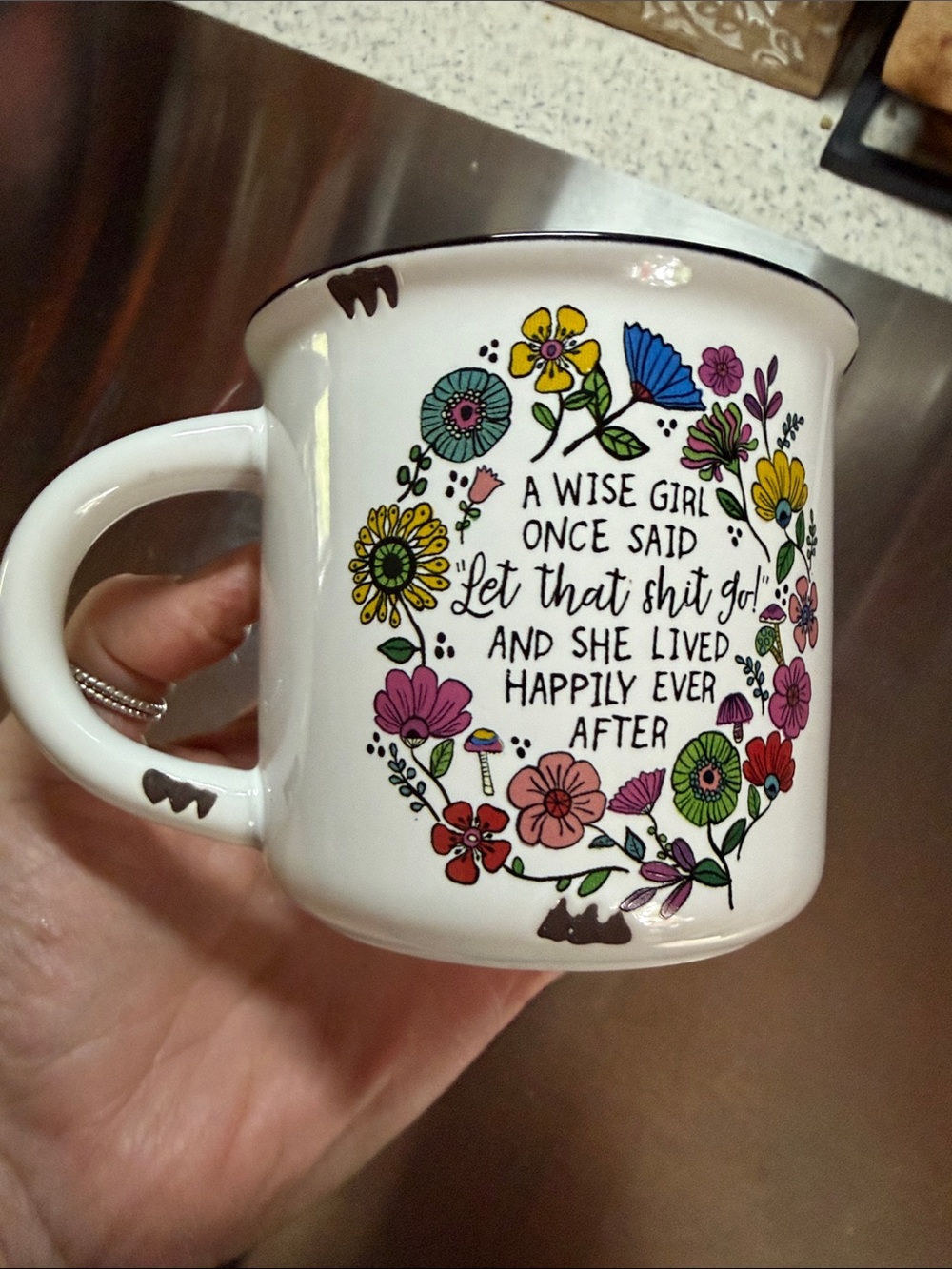NATURAL LIFE White Floral Quote Ceramic Coffee Mug with Multicolor Flowers - Picture 2 of 4